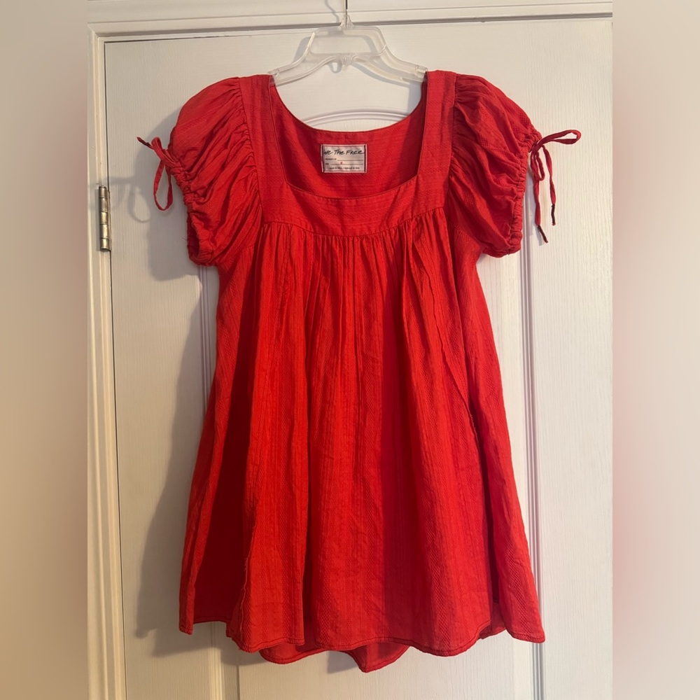 Red we the free summer camp tunic/ dress. Babydoll puff sleeve